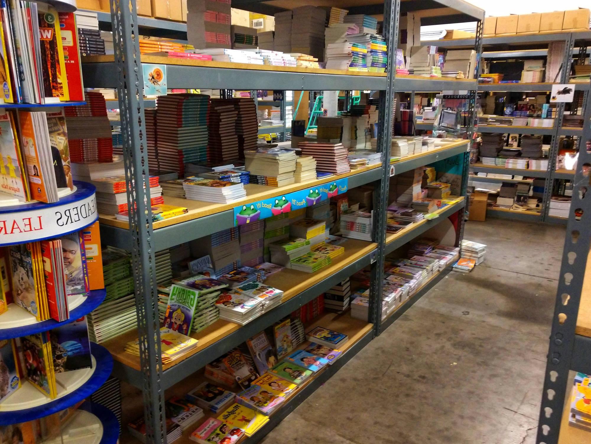 warehouse shelving with first chapters